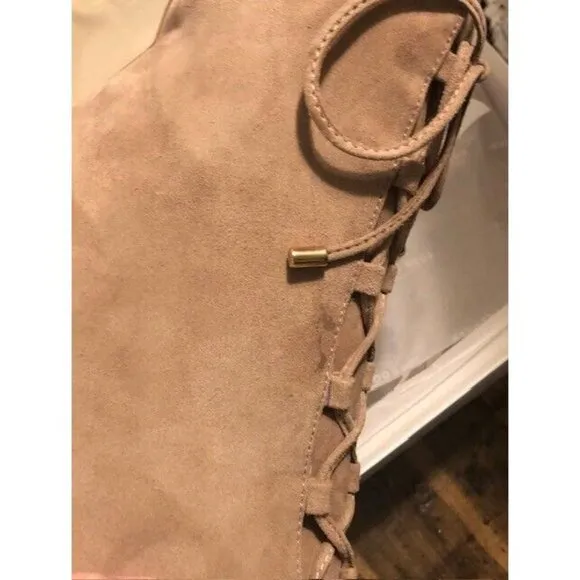 NIB $275 GOOD AMERICAN SCANDAL STONE BEIGE SUEDE STILETTO BOOTS SIZE 12