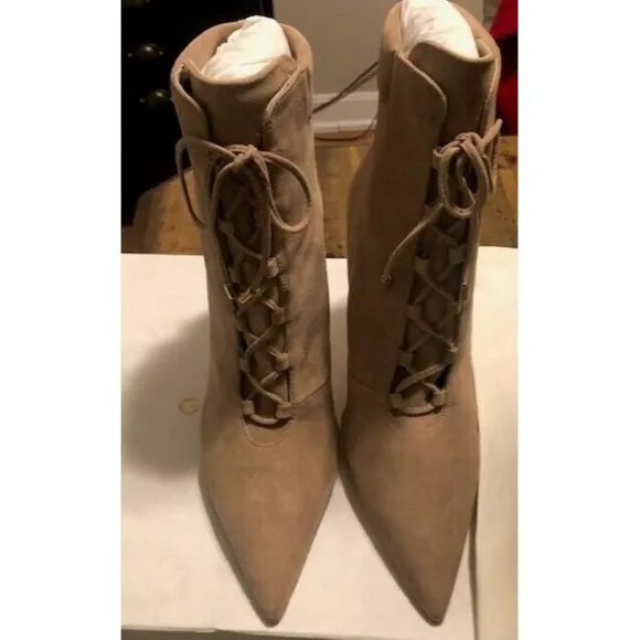 NIB $275 GOOD AMERICAN SCANDAL STONE BEIGE SUEDE STILETTO BOOTS SIZE 12