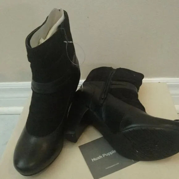 NIB Hush Puppies Black Leather Ankle Boots
