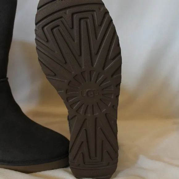 NIB UGG WOMEN'S CLASSIC SHORT SHEARLING LINED SUEDE FEMME WEDGE BOOTS GRAY‎