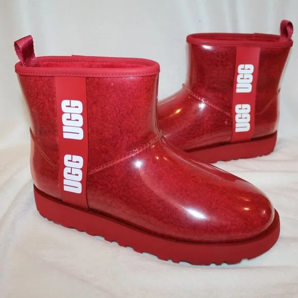 NIB‎ UGG WOMEN'S CLEAR MINI SHEARLING WATERPROOF LOGO BOOTS RED