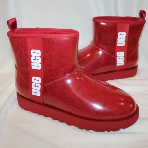 NIB‎ UGG WOMEN'S CLEAR MINI SHEARLING WATERPROOF LOGO BOOTS RED