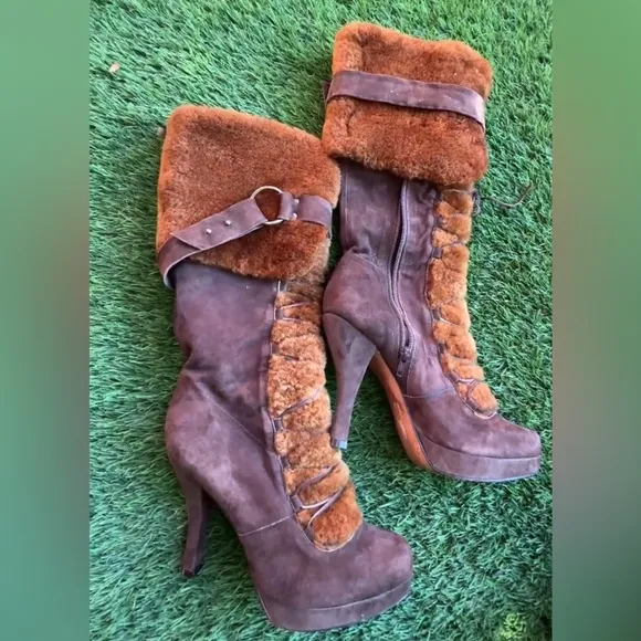 Nicole Miller New York Shearling And Suede Leather Platform Boots Brown Sz 10B