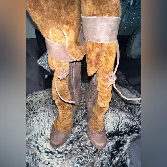 Nicole Miller New York Shearling And Suede Leather Platform Boots Brown Sz 10B