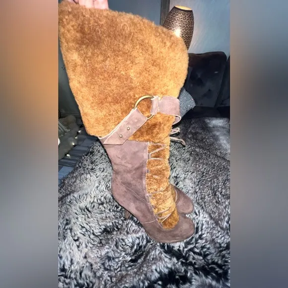 Nicole Miller New York Shearling And Suede Leather Platform Boots Brown Sz 10B