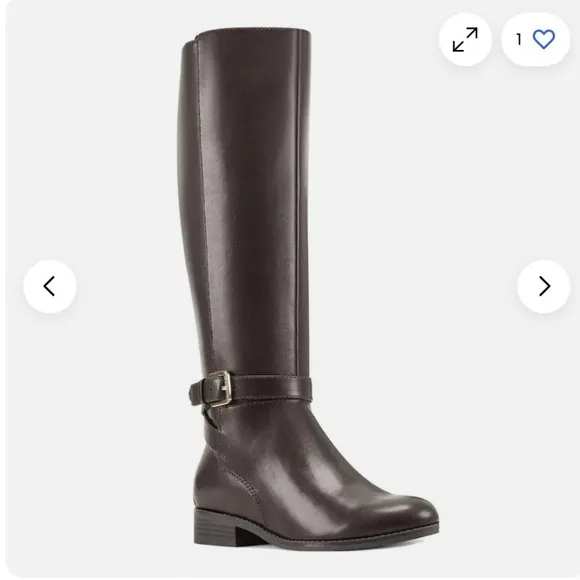 Nine West Giani3 Dark Brown Faux Leather Riding Boots Buckle Detail Sz 9M