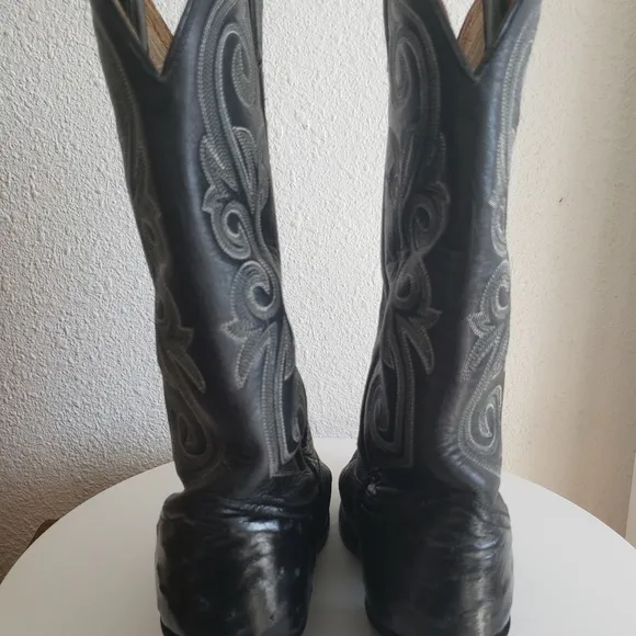 Nocona Western Cowboy Rancho Black Leather Stitch Flame Boots