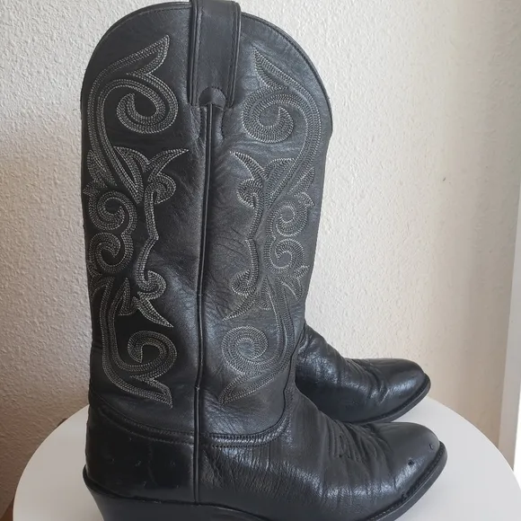 Nocona Western Cowboy Rancho Black Leather Stitch Flame Boots