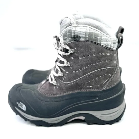 North Face Chilkat II women's snow boots grey suede black rubber primaloft 8.5