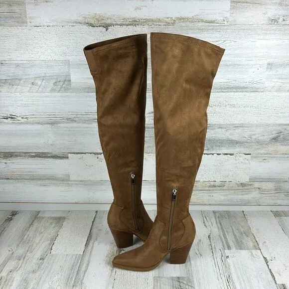 NWF Marc Fisher womens sz 5 brown faux suede over the knee block heel boots
