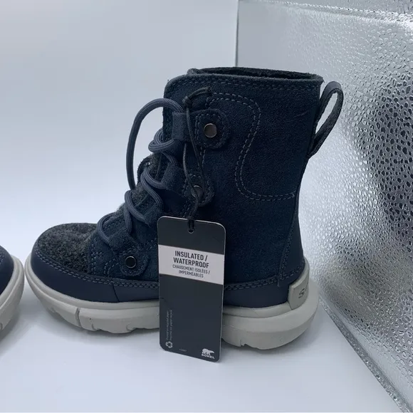 NWOB Sorel Kids Explorer Cozy toddler blue &amp; grey snow boots size 9 NEW