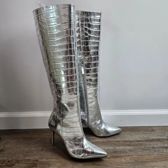 NWOT Black Suede Studio Tory Boots Leather Silver Metallic Crocodile Heeled 39