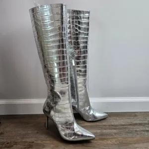 NWOT Black Suede Studio Tory Boots Leather Silver Metallic Crocodile Heeled 39