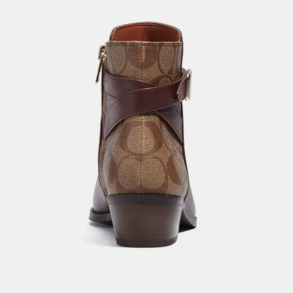 NWOT Coach Dean Booties Leather Boots Brown &amp; Tan Gold Coach Logo Accents! New!