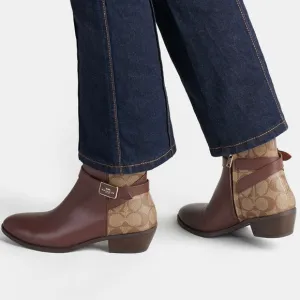 NWOT Coach Dean Booties Leather Boots Brown &amp; Tan Gold Coach Logo Accents! New!
