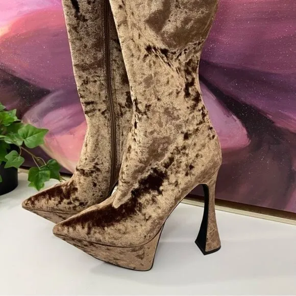 NWOT Jeffrey Campbell Crushed Velvet Kneehigh Platform Boots Carmel brown Size 8