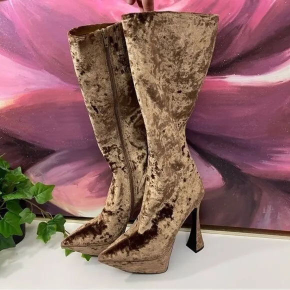 NWOT Jeffrey Campbell Crushed Velvet Kneehigh Platform Boots Carmel brown Size 8