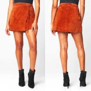 NWT BLANK NYC Mud Pie Suede Leather Wrap Mini Skirt Hot Toffee 26\SM
