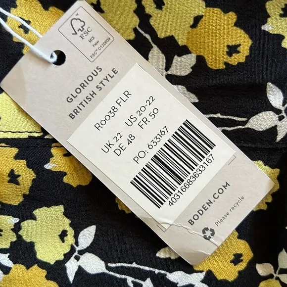 NWT Boden Victoria Skirt Pleated Black Yellow Floral Lined 20 / 22