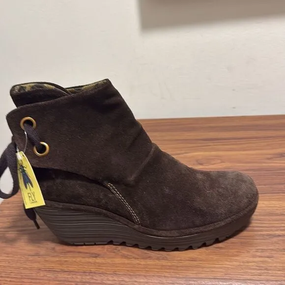 NWT Fly London Yada Brown Suede Ankle Boot, Back Lace, Platform Wedge. Size 10