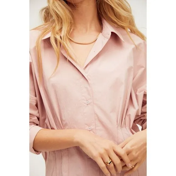 NWT Free People Taia long sleeve mini shirt dress Pink S NEW!