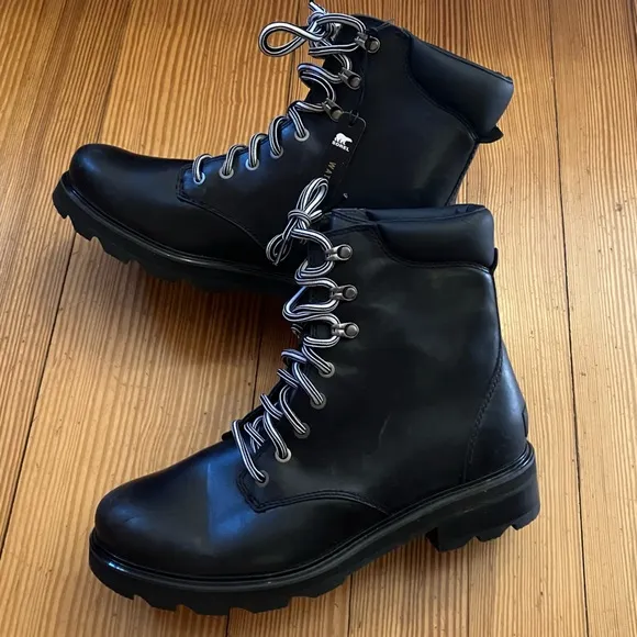 NWT SOREL Women’s Lenox Lace Up Waterproof Leather Combat Boots in Black Sz 12.