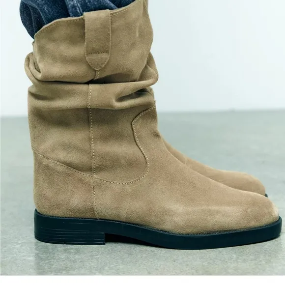 NWT Zara Tan Suede Slouch Boots