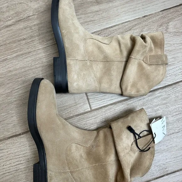 NWT Zara Tan Suede Slouch Boots