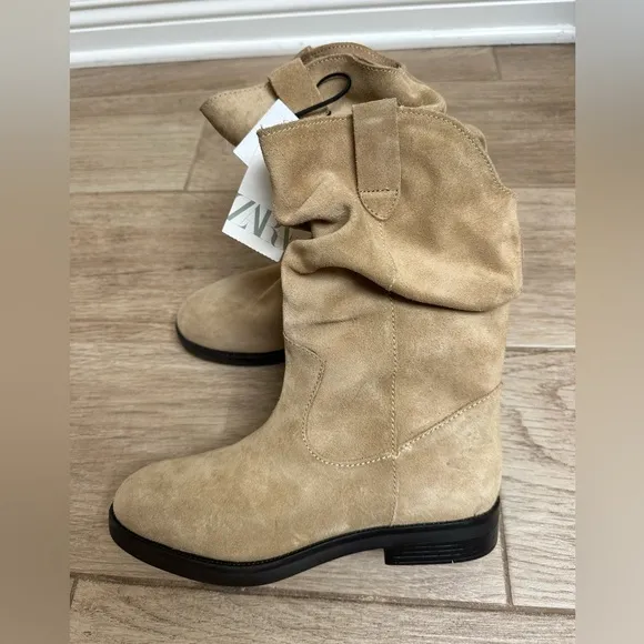 NWT Zara Tan Suede Slouch Boots