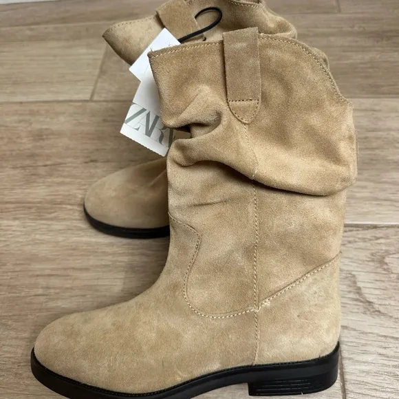 NWT Zara Tan Suede Slouch Boots