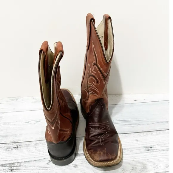 Old West Kids' 8&quot; Square Toe Boots - Distressed Cowboy Boots Sz 4