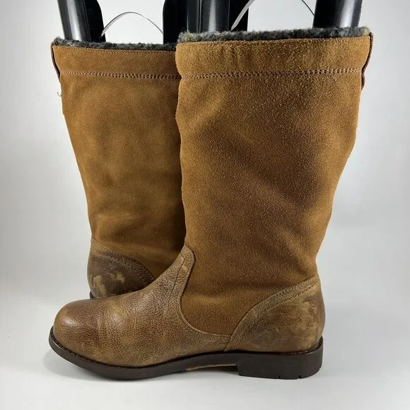 Olukai Haleakala Suede 12&quot; Mid Boots Size 8.5 Hawaiian Wool Lined Tan Chestnut