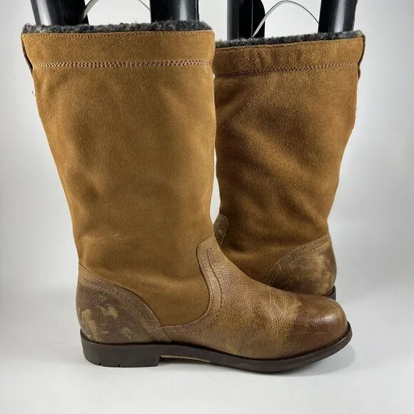 Olukai Haleakala Suede 12&quot; Mid Boots Size 8.5 Hawaiian Wool Lined Tan Chestnut