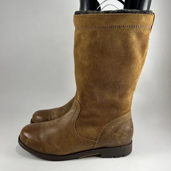 Olukai Haleakala Suede 12&quot; Mid Boots Size 8.5 Hawaiian Wool Lined Tan Chestnut