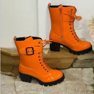 Orange Patent Combat Boots, Lace-Up (A0006)