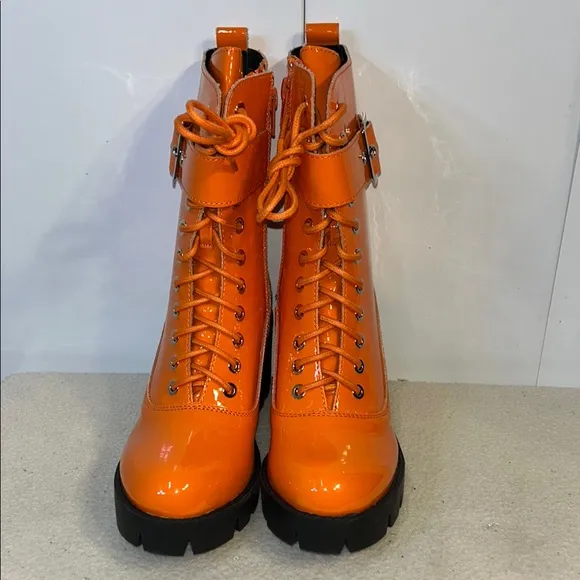 Orange Patent Combat Boots, Lace-Up (A0006)