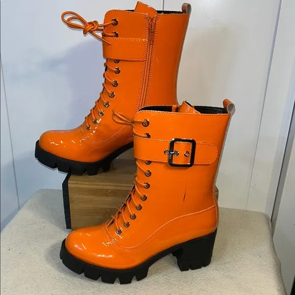 Orange Patent Combat Boots, Lace-Up (A0006)