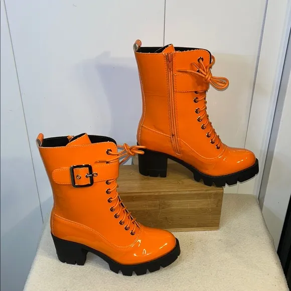 Orange Patent Combat Boots, Lace-Up (A0006)