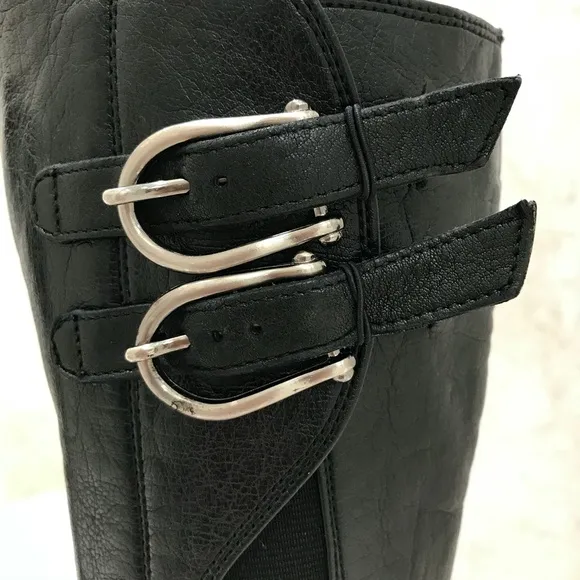 PAUL GREEN {5} Black Leather Boots Knee-High Buckles Stacked Heel