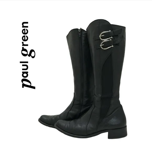 PAUL GREEN {5} Black Leather Boots Knee-High Buckles Stacked Heel