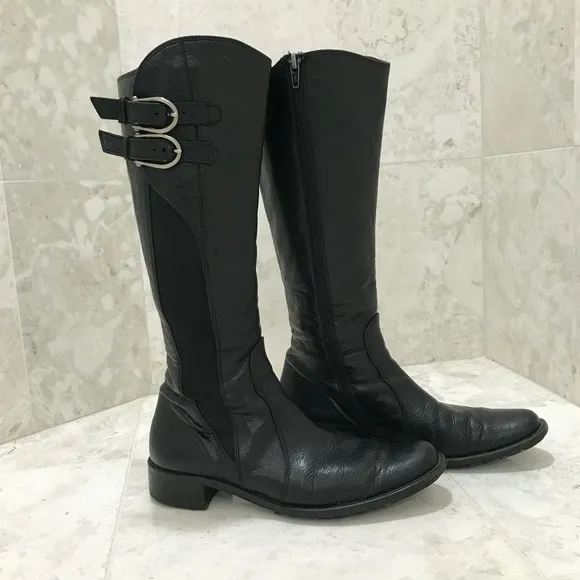 PAUL GREEN {5} Black Leather Boots Knee-High Buckles Stacked Heel