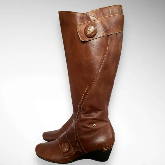 PIKOLINOS Women's Brown Leather Riding Boots With Low Wedge Size 41 | EUC
