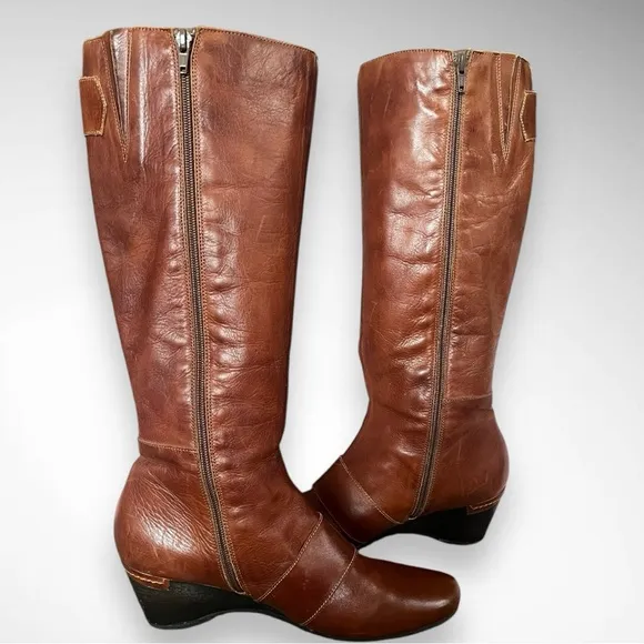PIKOLINOS Women's Brown Leather Riding Boots With Low Wedge Size 41 | EUC