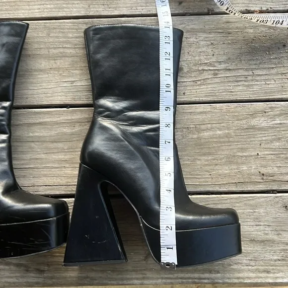 Pink Kiss Black Platform Flare Heel Ankle Boots Retro Y2K Goth Chunky Heels 8.5
