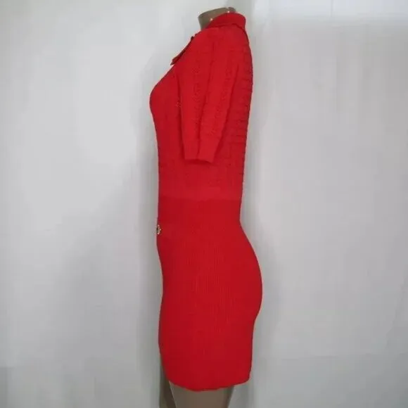 Pinko Womens Mini Dress Red Equiseto Abito Pointelle Knit Collared Size M