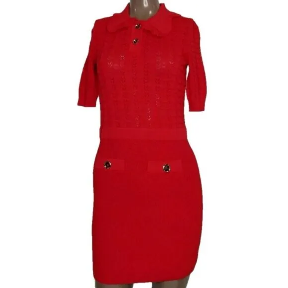 Pinko Womens Mini Dress Red Equiseto Abito Pointelle Knit Collared Size M