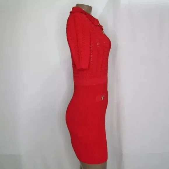 Pinko Womens Mini Dress Red Equiseto Abito Pointelle Knit Collared Size M