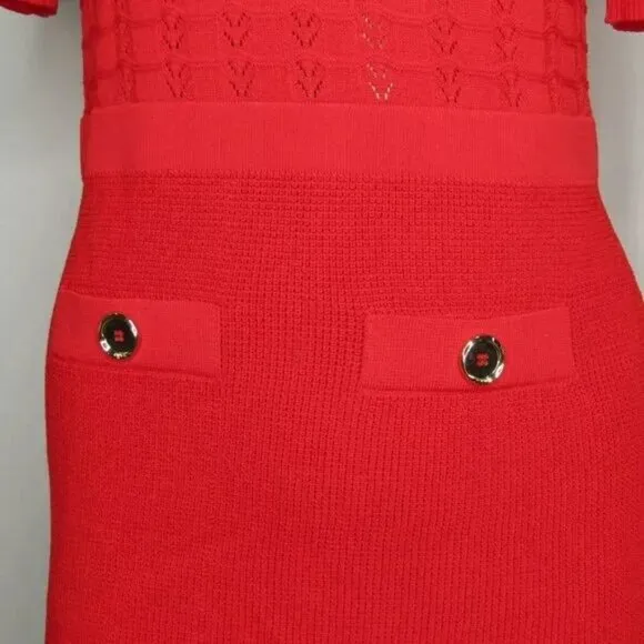 Pinko Womens Mini Dress Red Equiseto Abito Pointelle Knit Collared Size M