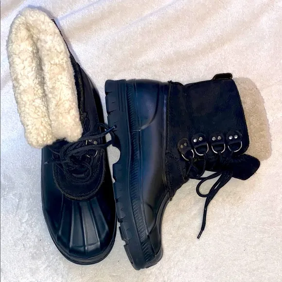 Polo Ralph Lauren black rubber lug sole boots with leather &amp; shearling uppers