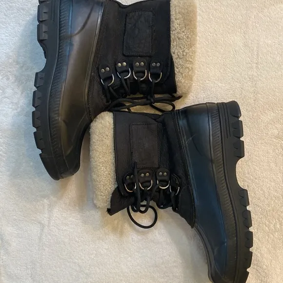 Polo Ralph Lauren black rubber lug sole boots with leather &amp; shearling uppers